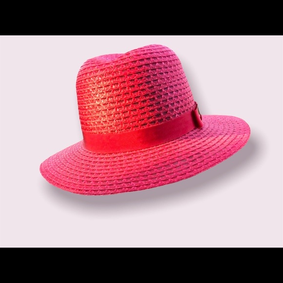 Fedora Raffia Hat Straw Beach Women’s Red Grosgrain Ribbon Vintage Accessory - Picture 1 of 9